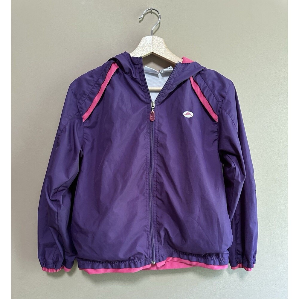 Hanes Sport Vintage Girls Windbreaker Zip Hooded Jacket Purple 90s Size L 10/12